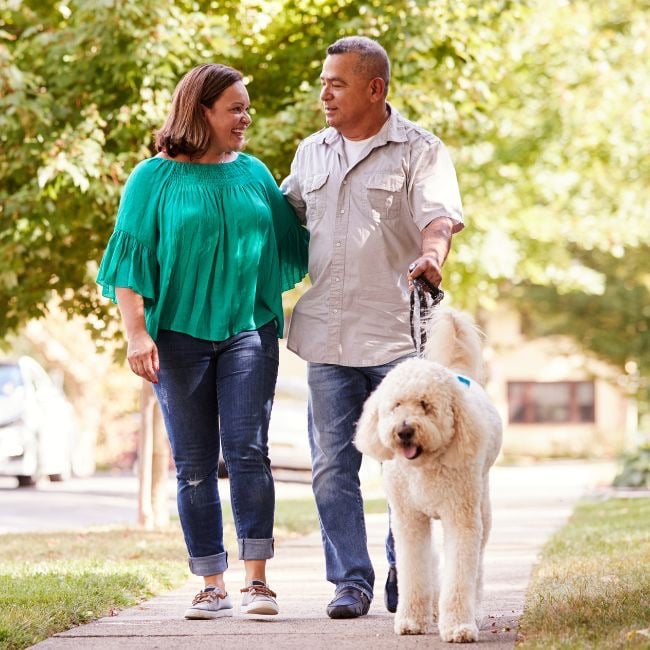 couple walking dog