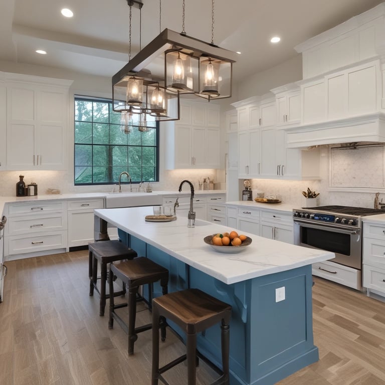 Modern white kitchen featuring a blue island with marble countertops and industrial pendant lighting.