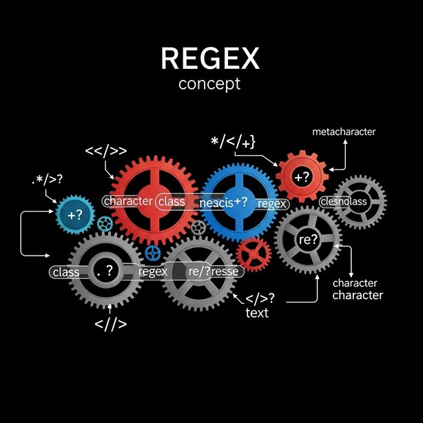 Conceptual illustration of REGEX with interconnected gears and common syntax symbols