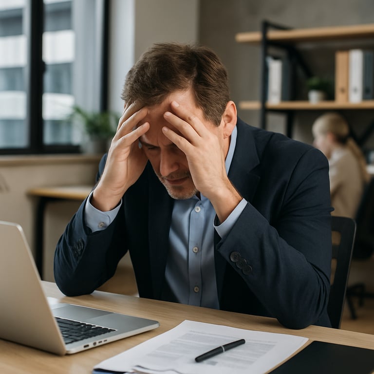Hombre de mediana edad con traje azul oscuro, cabizbajo y con expresión de agotamiento mientras se sostiene la cabeza entre l