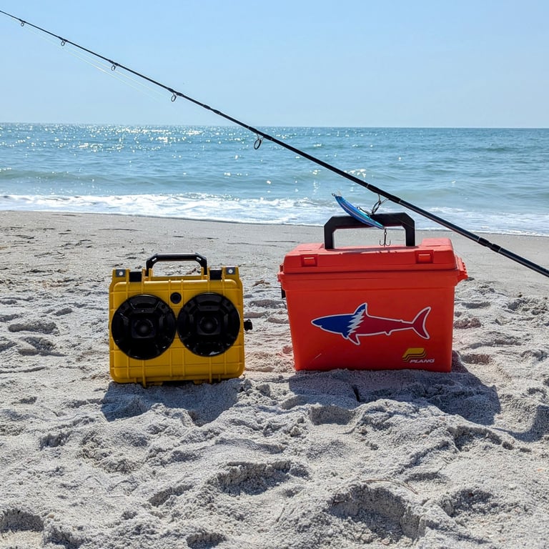awesome chillantix boombox on the beach with fishing gear
