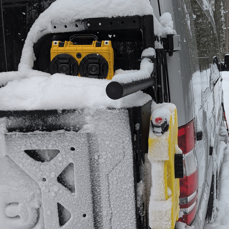 awesome chillantix boombox on the back of a campervan in the snow