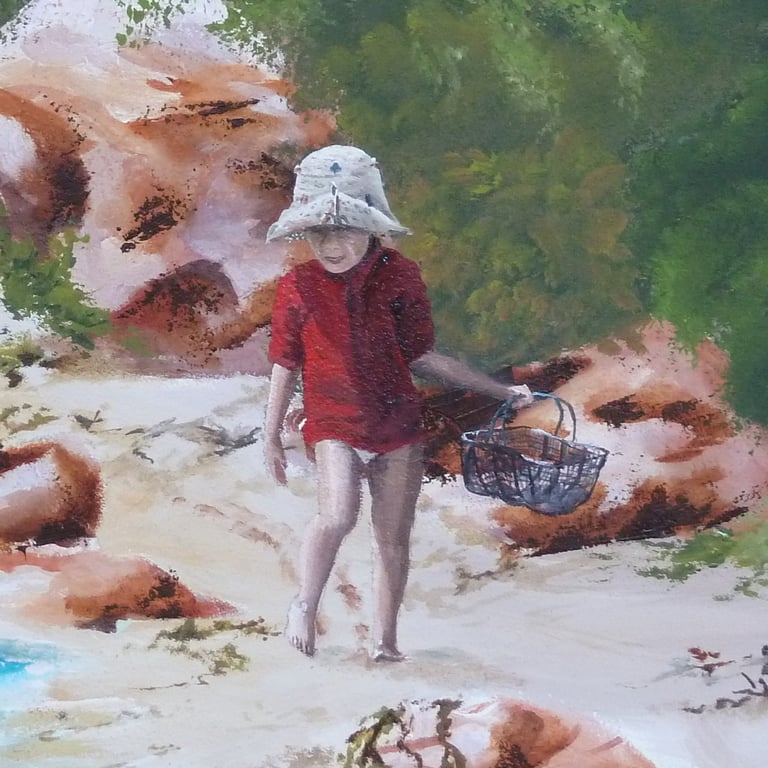 Détail d'une fresque intérieure: un enfant avec un panier cherche des coquillages. Saône et Loire 71