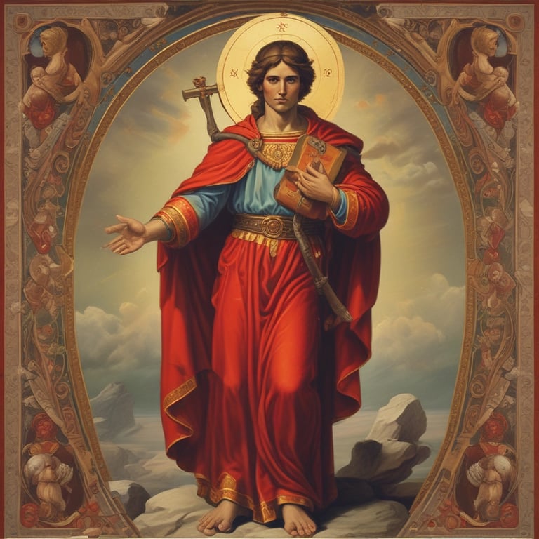 A statue depicting a saint holding a child is displayed on a pedestal with religious motifs. Surrounding the base are numerous lit candles arranged in a semicircle, casting a warm glow on the scene. The background features tall stone columns and stained glass windows, suggesting a church setting.