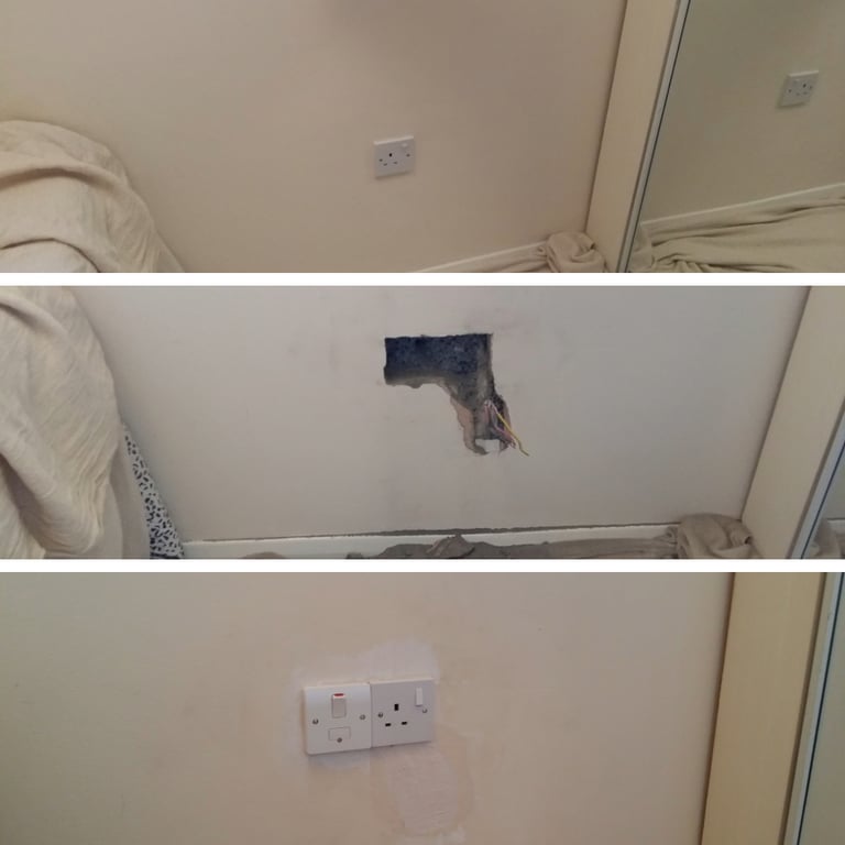 Before, during and after a fused spur installation for an external floodlight in Badgers Dene, Thurrock.
