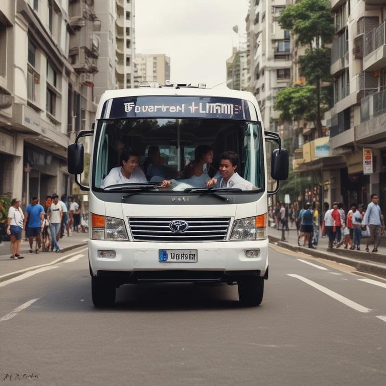 A tour bus promoting local attractions is driving along a street. The bus is mainly white, green, and orange with advertisements for local tours and a call to advertise on the vehicle. Inside, passengers can be seen seated, enjoying the ride. In the background, there are trees and a brick building with tall windows, giving a sense of an urban or historical area.