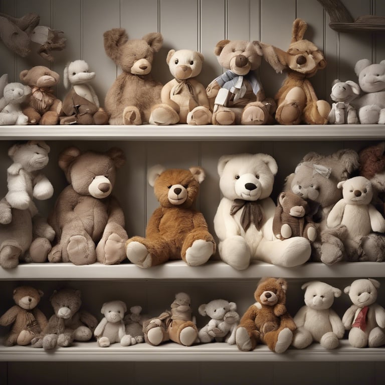 étagère rempli d'ours et d'animaux en peluches doudous