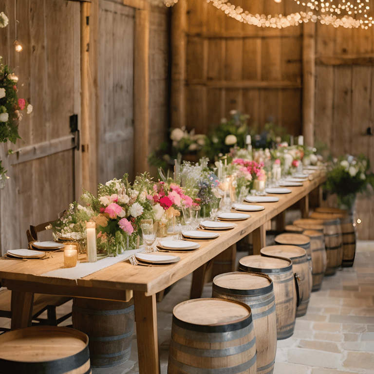 Mariage rustique, décor rustique avec palette en bois, tonneaux décoratifs, fleurs de saison