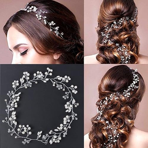 a woman with a hair comb and a flower in her hair. Bandeau cheveux perle coiffure mariée