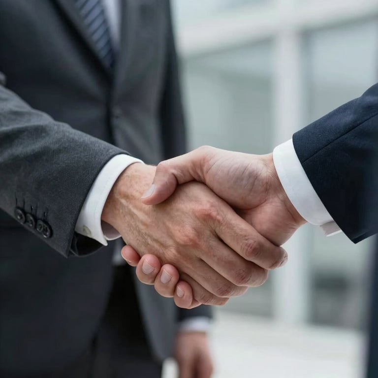 A close-up of a professional handshake between two business people in formal attire, symbolizing a successful partnership in a British setting.