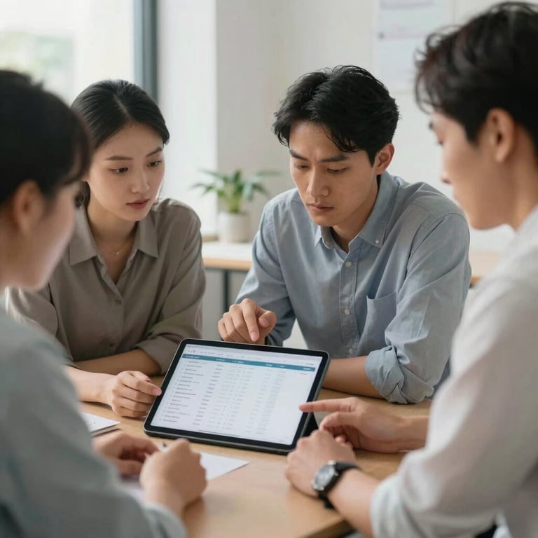 A professional team collaborating around a tablet showing property market data in a modern, light-filled workspace.