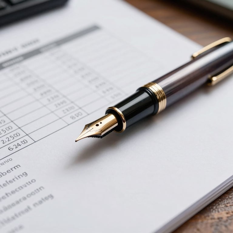 Detail of a fountain pen resting on a well-organised financial document on a dark wood desk in a British office.
