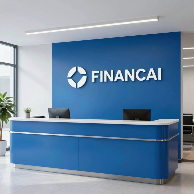 A clean, minimal interior view of a bright financial services reception area with professional blue decor.