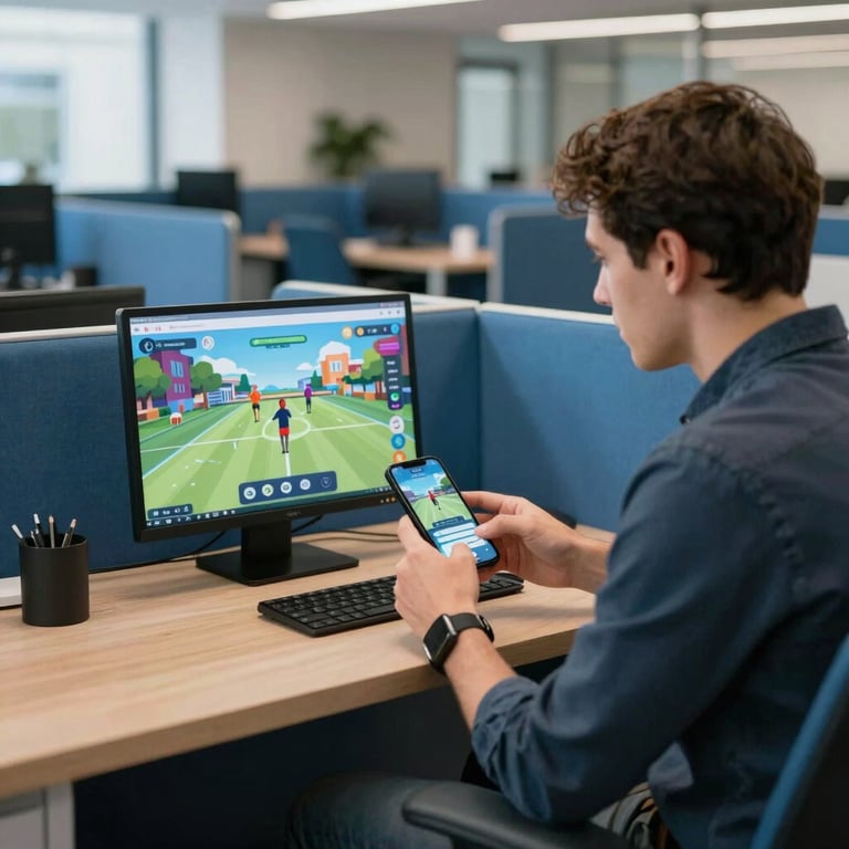 A modern North American / US office lounge with sky blue seating where a developer is testing a new mobile game.