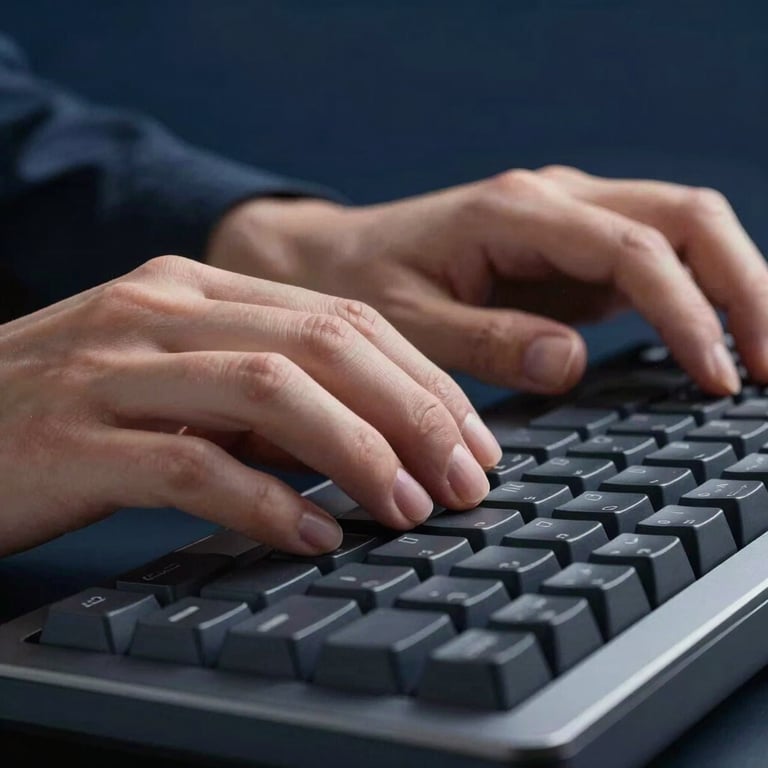 A close-up of hands typing on a mechanical keyboard with a dark navy blue background, representing technical expertise.