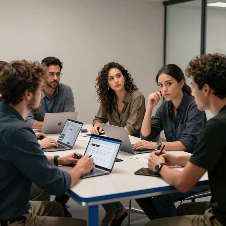 A group of diverse professionals in a North American / US studio discussing app design around a table with steel blue accents.