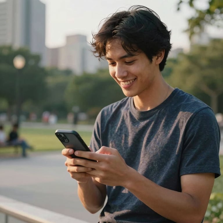 A person in a North American / US urban park smiling while using a utility app on their smartphone, soft afternoon light.