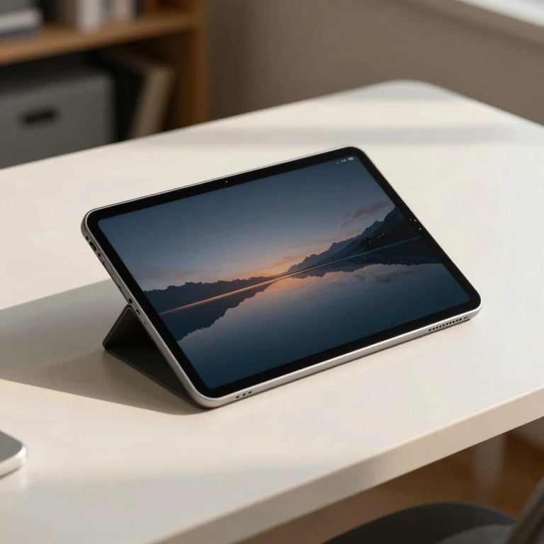 A detailed shot of a high-performance Android tablet on a soft off-white desk in a sunlit North American / US apartment.