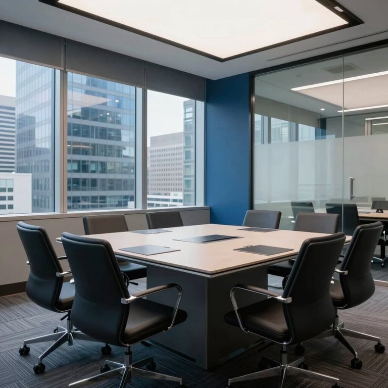 A sleek meeting room in a North American / US city with glass windows and steel blue decor, emphasizing professional trust.