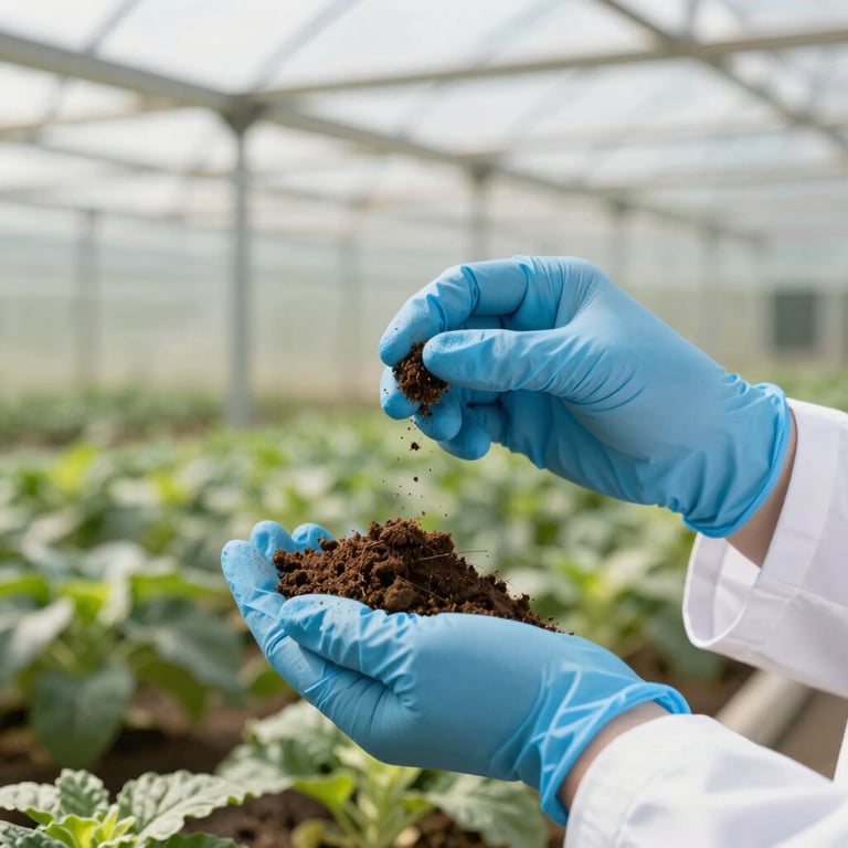 Close-up shot of agricultural scientist hands in blue gloves holding a soil sample in a modern greenhouse, bright sunlight.
