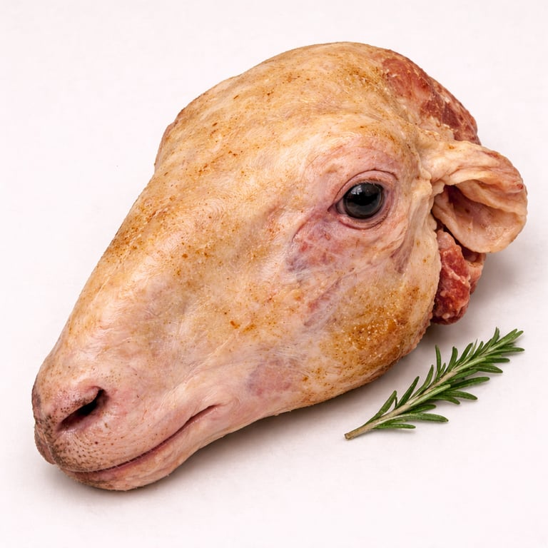 Whole sheep head with skin, used in traditional recipes