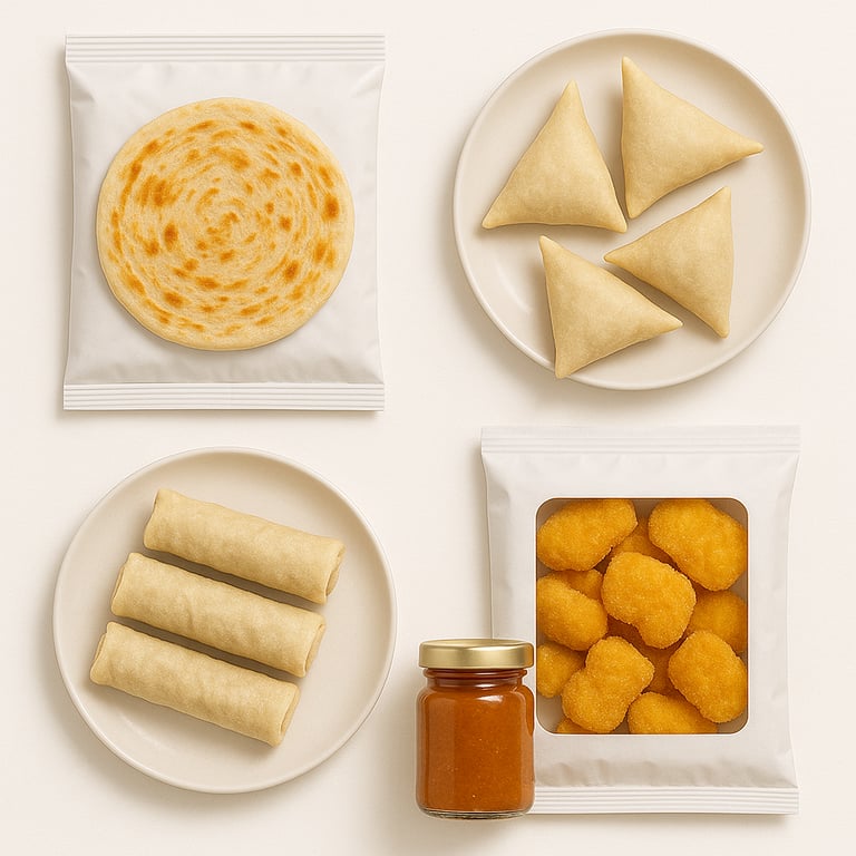 Frozen ready-to-cook foods including samosas and snacks