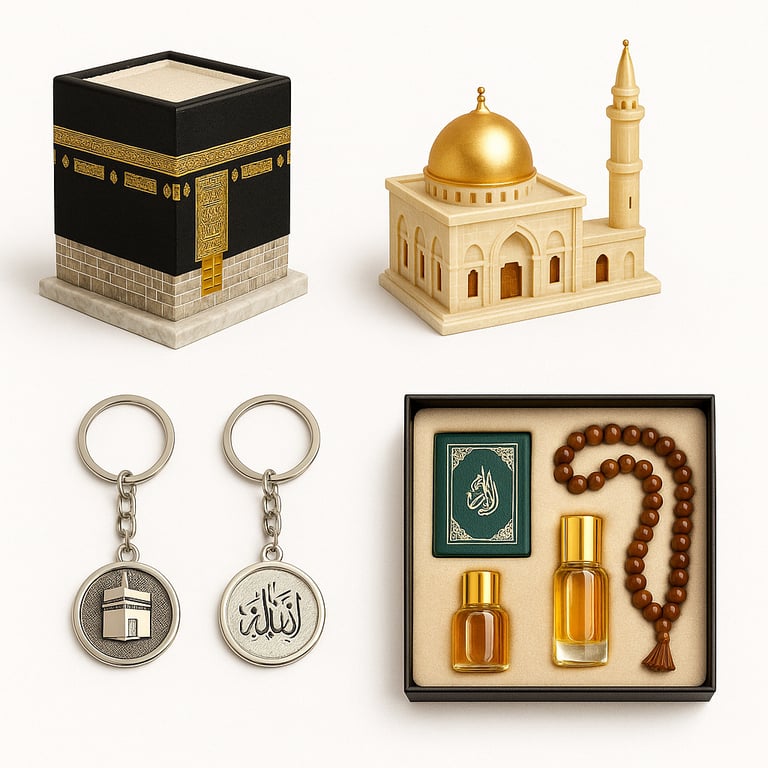 Islamic souvenirs including Kaaba replicas, mosque models, gift sets for religious gifting, export quality Islamic items.