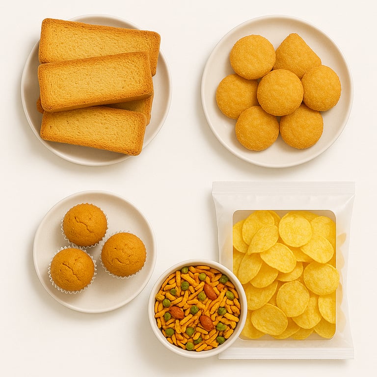 Bakery and snack items including rusks, sweets and chips