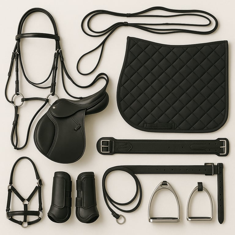 Equestrian horse riding gear including saddles, bridles and riding accessories
