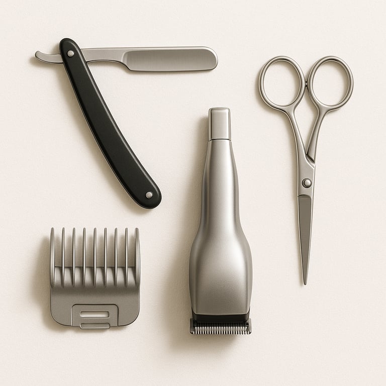 Barber and salon tools including clippers, razors and scissors for professional hair cutting, export