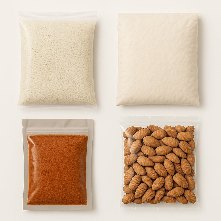 Pakistani food products including grains, spices, and snacks