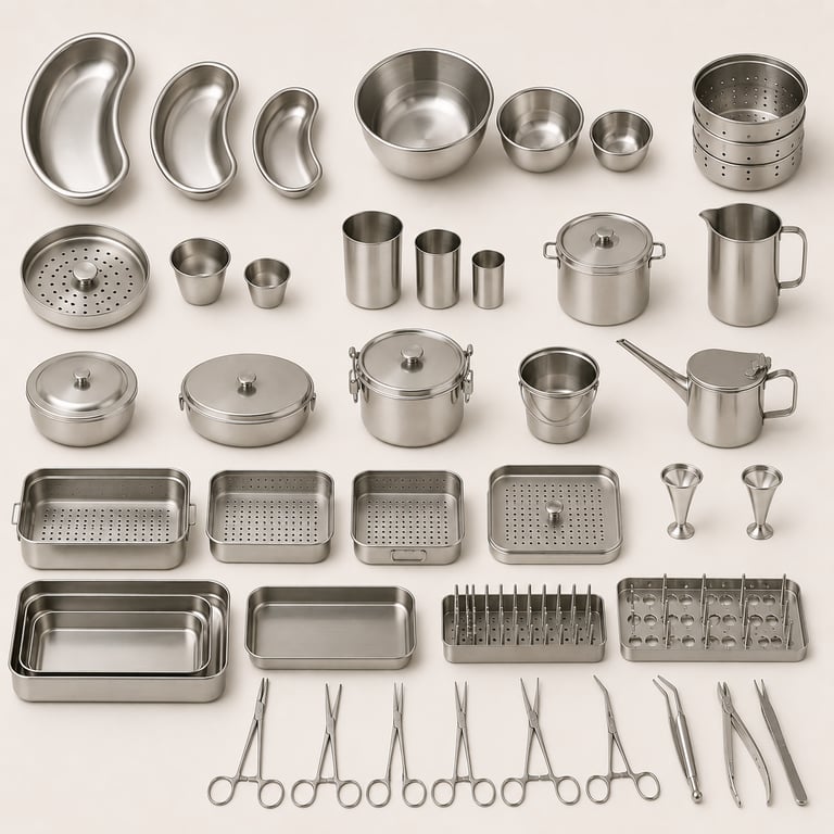 Stainless steel medical hollowware for surgical and clinical use