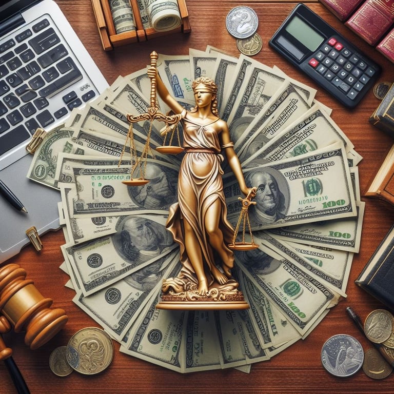 a statue of justice and money