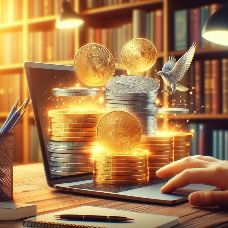 a laptop computer with a stack of coins and a bird flying over a laptop