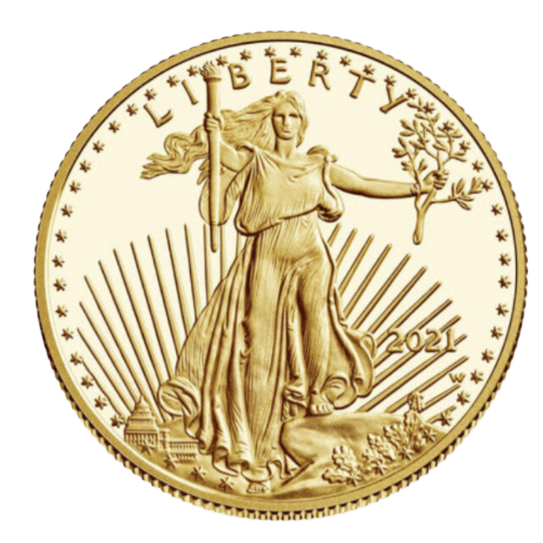 a gold coin with a woman holding a flag