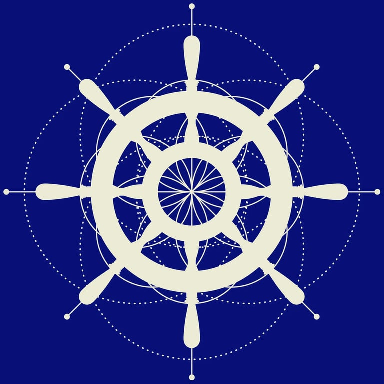 a white ship wheel with a blue background
