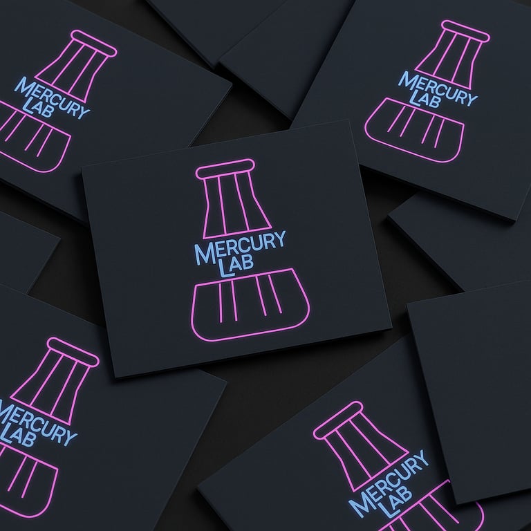 a bunch of business cards with neon lights