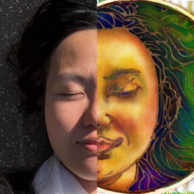 BATIK ARTIST SHUEN LI SPIRIT CREATED THIS BATIK PAINTING TO SHOW HER ORIGINAL PHOTO VS HER ARTWORK