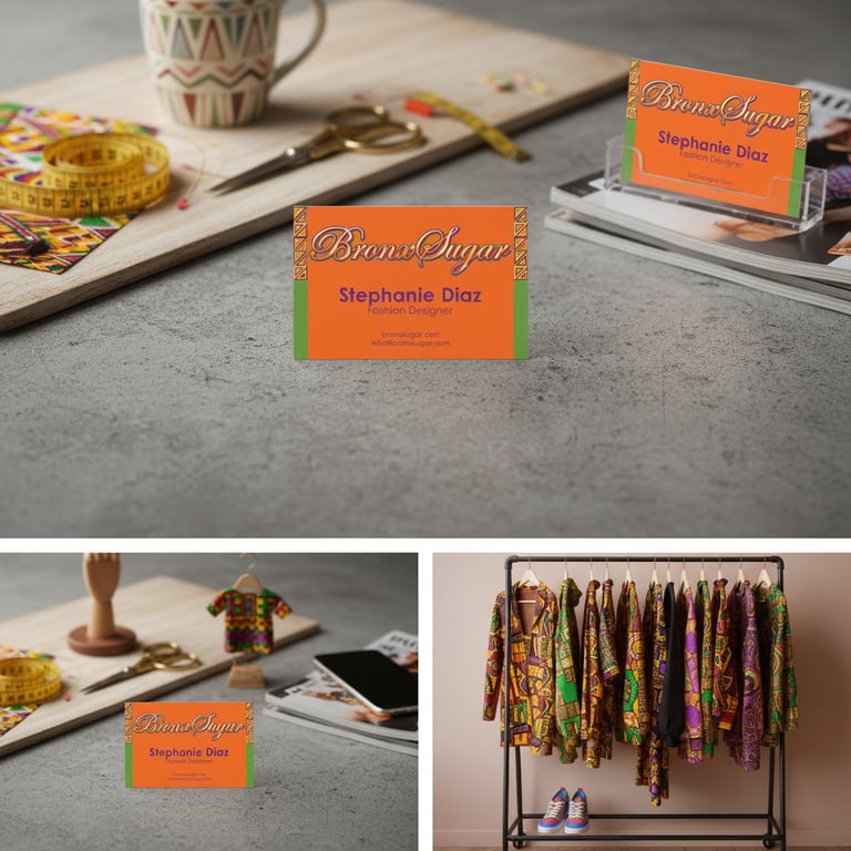 Custom fashion designer business cards displayed with sewing tools and colorful african apparel.