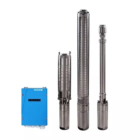 Stainless steel solar submersible water pump system with blue controller box for irrigation.