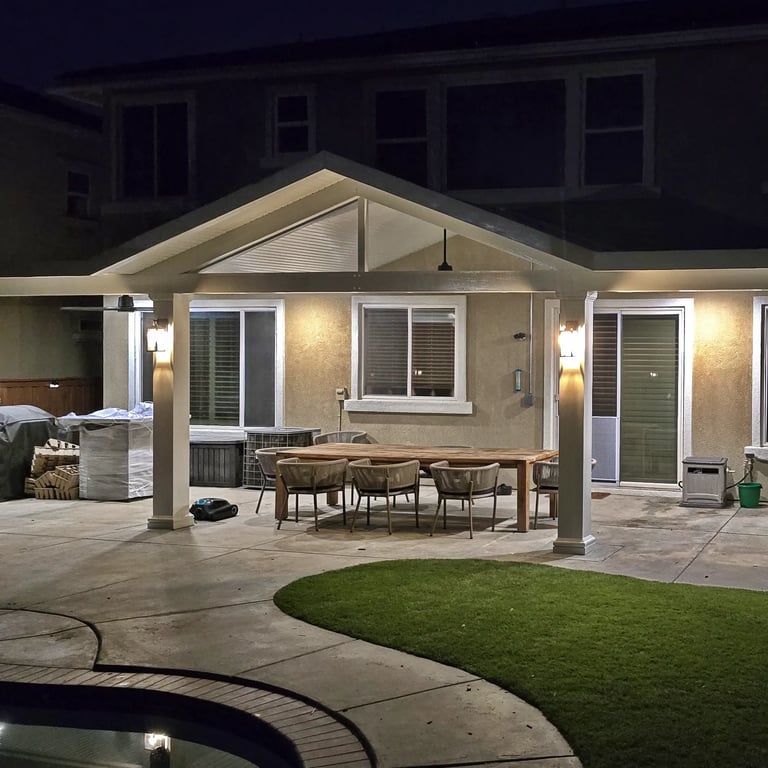 After dark shot of Alumawood cover with lights and fans in Menifee.