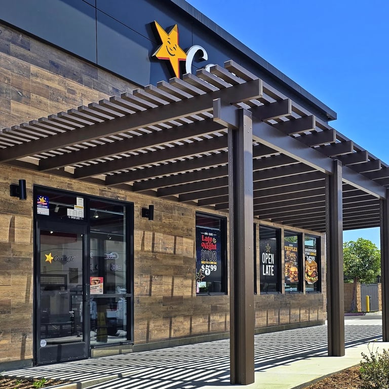 Spanish Brown Alumawood lattice patio cover at Carl's Jr.
