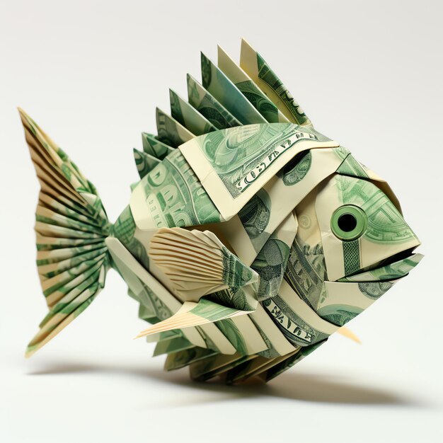 Poisson confectionné en billet de banque.