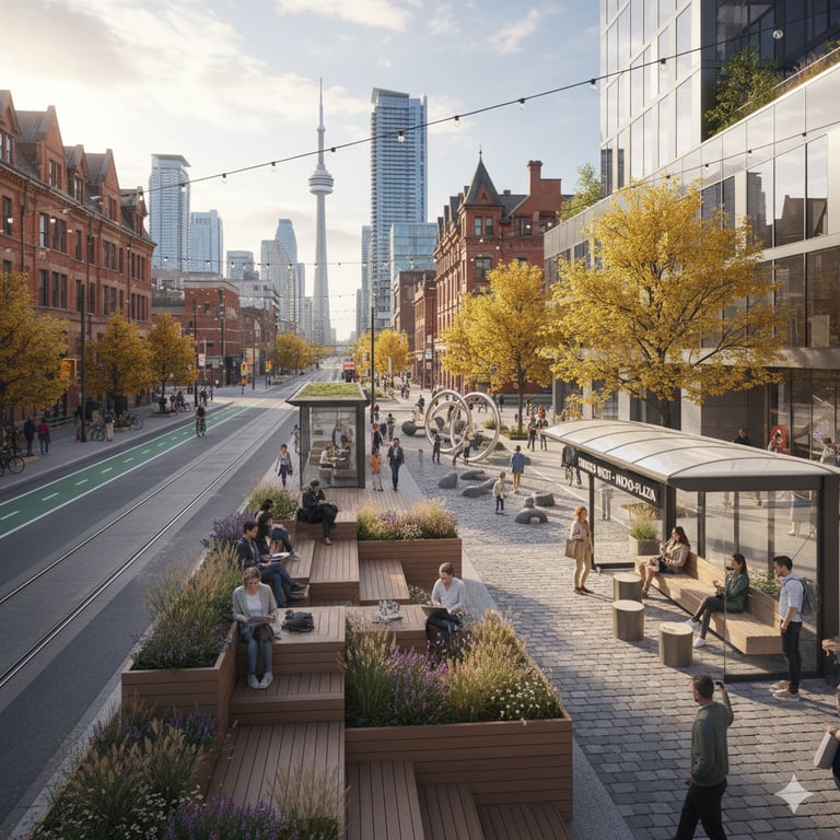 Urban public realm architecture study exploring mobility corridors and civic spaces in Toronto