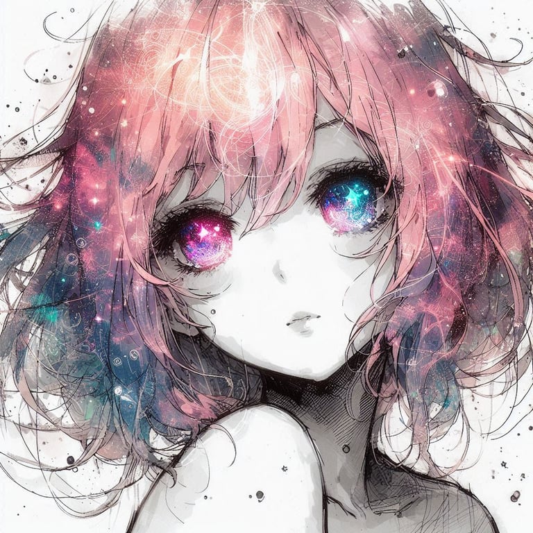 Anime girl with cosmic eyes, beautiful gaze, pink hair, and shoulder pose – SimcaArt gallery full-size image.