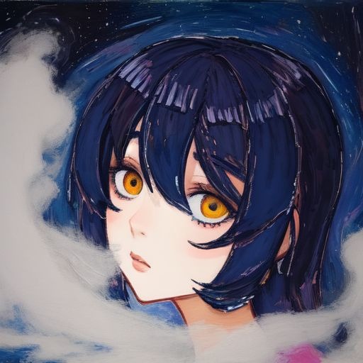 Painting of an anime girl with orange eyes and dark blue hair – SimcaArt gallery full-size.