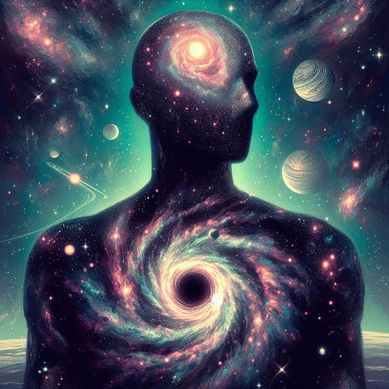 Cosmic being with a body of celestial objects, blending seamlessly into a cosmic landscape.