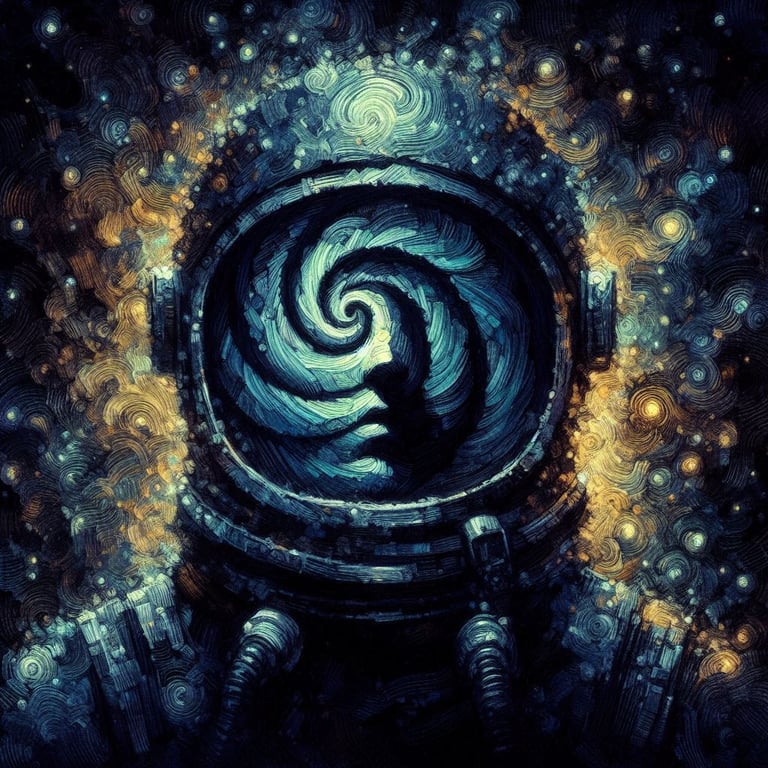 A portrait of an astronaut with a spiral cosmic face.