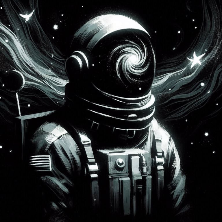 A dark astronaut portrait, cosmic background.
