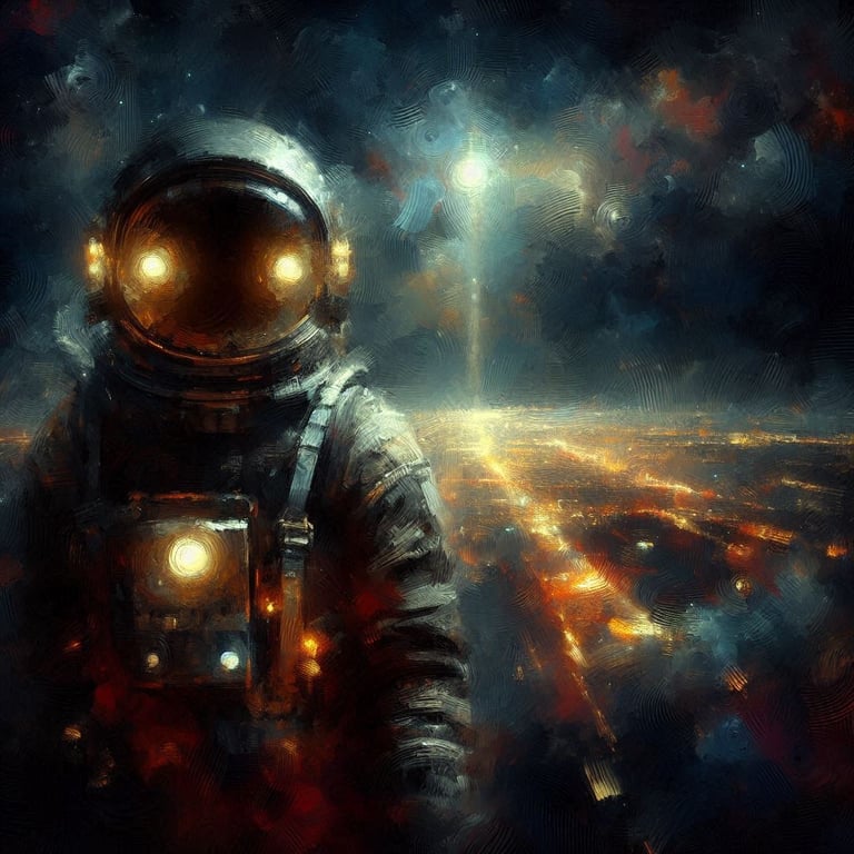 An astronaut with glowing eyes under a night sky | Impressionism | Digital Art | Spaceman